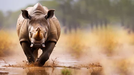 Foto op Plexiglas A rhino is running in the hot and dusty savanna © pariketan