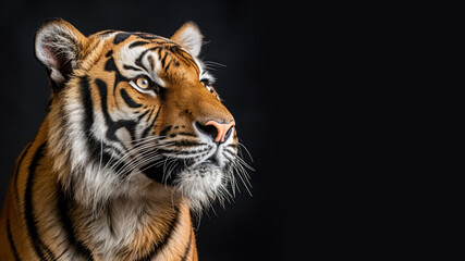 A tiger looks sharply focused at a target isolated on gray background