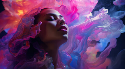 Dreamlike Woman Surrounded by Colorful, Glowing Smoke and Fluid, Immersed in the Harmonious World of Music and Art