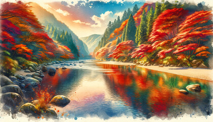 Watercolor - Autumn foliage at Korankei in Asuke village, with the Tomoe River beautifully integrated into the scene.