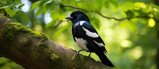 Fototapeta premium In the summertime, amidst the lush greenery of the garden, a stunning black and white bird with a colorful beak posed for a portrait, showcasing its natural beauty in the park's enchanting and vibrant