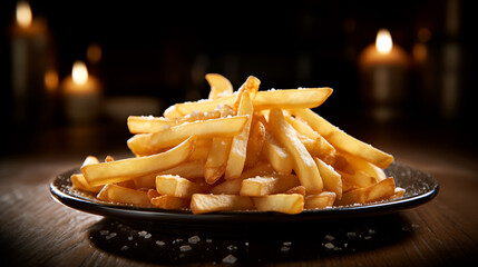 Golden French fries, perfectly fried to a crispy texture and artfully arranged on a ceramic plate. - obrazy, fototapety, plakaty