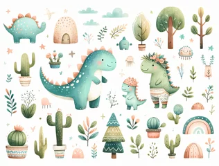 Gordijnen Watercolor cute Dino set with trees, plants, and other elements on a white background. © Old Man Stocker
