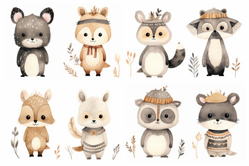 Watercolor a cute American Indian set with animals such as a rabbit, bear, fox, raccoon, deer, cat, panda, owl, and sloth. Each animal on white background.