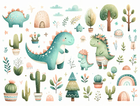 Watercolor cute Dino set with trees, plants, and other elements on a white background.