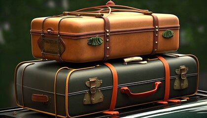 Vintage suitcases baggage retro car suitcase travel portmanteau old holiday transport trip adventure bag caddy case journey overload tour tourism ancient antique trunk vacation voyage classic - obrazy, fototapety, plakaty