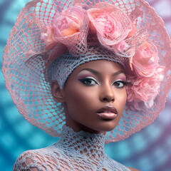 Female wearing hat with pastel pink, teal and purple color theme. 