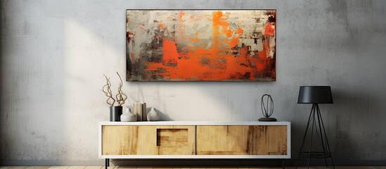 The vintage art piece, displayed on the old cement wall, showcased an abstract design with vibrant red and orange paint, creating a grunge texture on the canvas. - Powered by Adobe