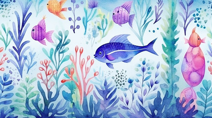 Obraz premium colorful underwater world seamless pattern watercolor background