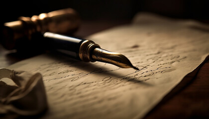 Naklejka premium Antique quill pen on parchment, a timeless symbol of communication generated by AI