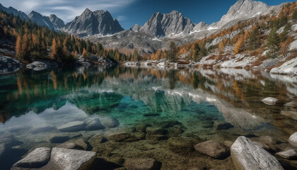 Fototapeta na wymiar Majestic mountain range reflects in tranquil pond, natural beauty abounds generated by AI