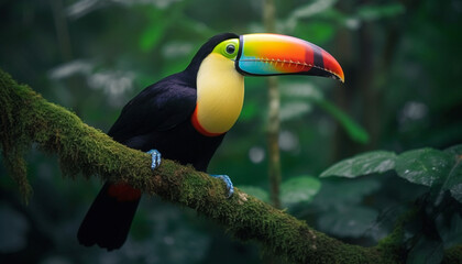 Toucan perching on branch, looking cute in tropical rainforest generated by AI