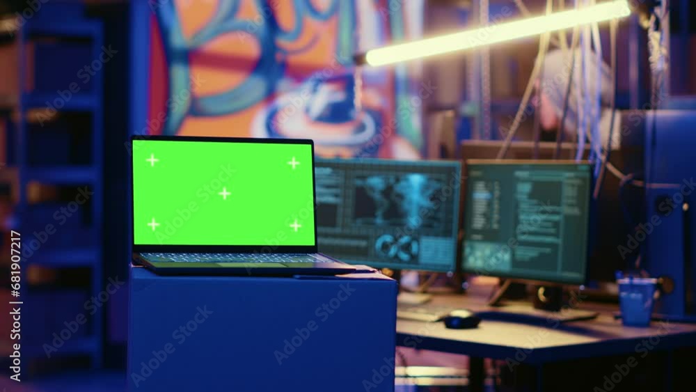 Poster isolated screen laptop used by cybercriminals in abandoned warehouse to write lines of code, develop