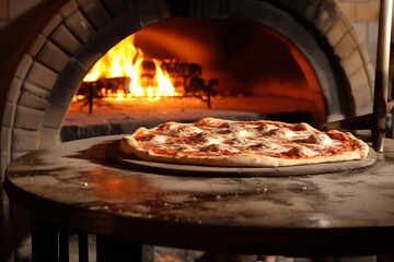 A hot and fresh pizza sits on a table in front of a brick oven. The pizza is covered in melted cheese and toppings, and the crust is golden brown and crispy.