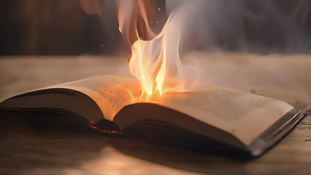 Closeup glowing embers drifting from book, leaving behind trails smoke.