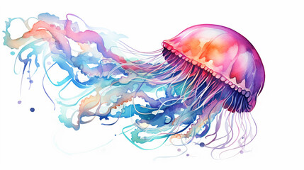 colorful watercolor jellyfish on white background - obrazy, fototapety, plakaty