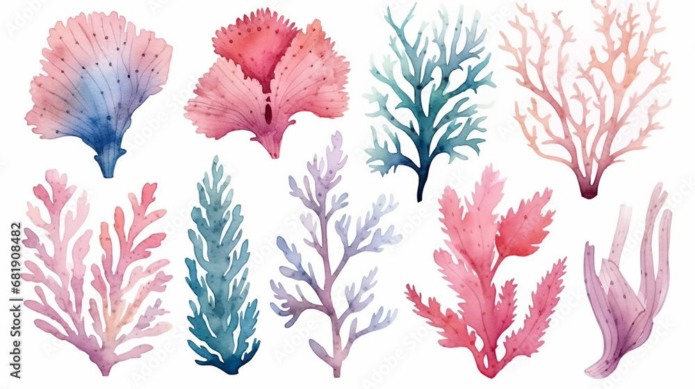 Wall mural watercolor isolated object drawing blue and pink algae and corals on a white background