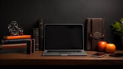 dark trendy workplace with smartphone and office supplies on black leather table