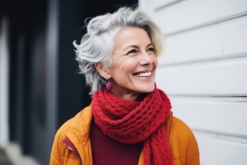 Portrait of happy senior woman with red scarf smiling at the camera