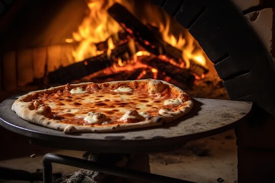 A pizza with a thin crust, melted cheese, and various toppings sits on a wooden table. The pizza is cooked to perfection in a brick oven, and the crust is crispy and charred.