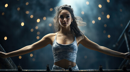 Gymnast young woman posing after a big jump. Concept of Artistic Gymnastics, Athletic Elegance, Dynamic Pose, Acrobatic Performance, Gymnastic Flourish.