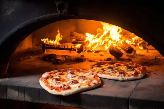 Two pizzas sit on top of a brick oven with a fire burning inside, their crusts golden brown and their cheeses bubbling. The pizzas are covered in a variety of toppings