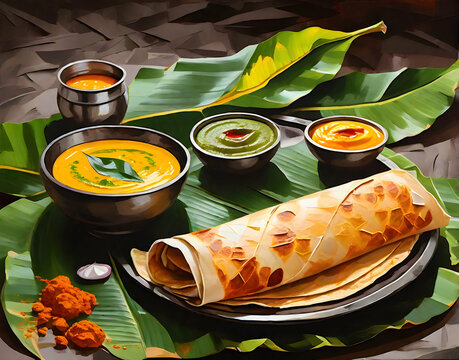 highly quality acrylic oil paint of a paper Masala dosa with sambhar, and coconut chutney over fresh banana leaf on South Indian kitchen background. south Indian food concept. 