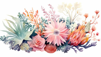 watercolor underwater floral bouquet with corals illustration isolated on white background, - obrazy, fototapety, plakaty