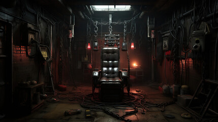 Creepy leather chair in dark basement setting empty backdrop. Concept of Haunted Seating, Eerie Leather Throne, Sinister Basement Ambiance, Vacant Menace Chair.