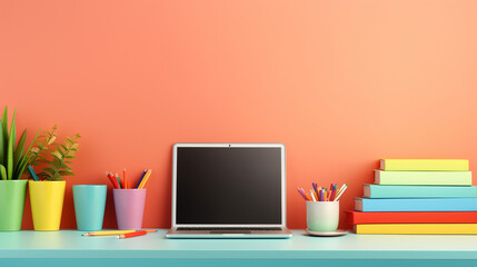 office desk table with set of colorful supplies computer