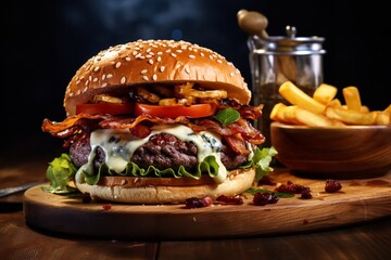 A close-up photo of a mouth-watering hamburger sitting on a wooden cutting board. The burger is...