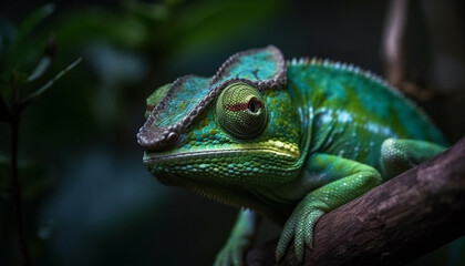 Fototapeta premium Veiled chameleon perching on branch, looking cute in nature generated by AI