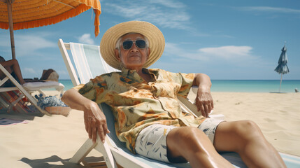 Asian grandpa sunbathing on beach with hat and sunglasses. Concept of Coastal relaxation, enjoying sunny days, leisurely beach moments, sun protection.