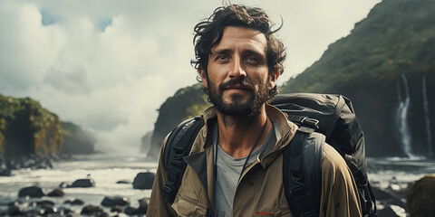 Man on solo adventure exploring the world with backpack and confidence. Concept of Self-discovery journey, wanderlust exploration, solo travel adventures, embracing the unknown.