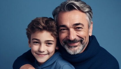 Obraz premium Smiling family portrait two men, adult, child, grandson, embracing generated by AI