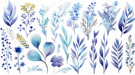 Fototapeta na wymiar decorative floral design with blue and purple fantasy plants and leaves