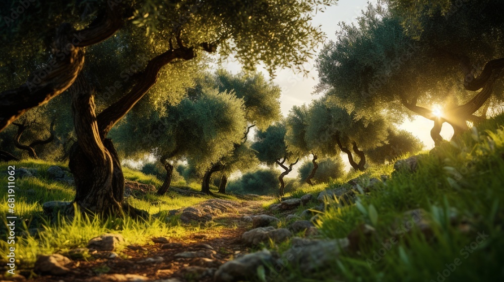 Poster embark on a visual journey through the heart of an olive grove at midday envision sunlight filtering