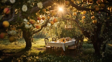 Embark on a sensory journey through an enchanting orchard during the magical hours of midday Picture the orchard bathed in golden sunlight, with the leaves  - obrazy, fototapety, plakaty