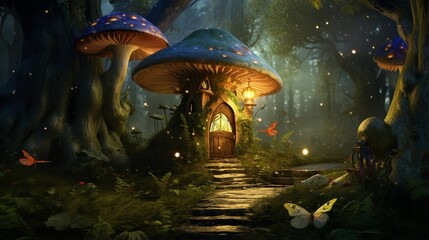 Enchanted fairy forest with magical shining window in hollow tree, large mushroom with bird and flying magic butterfly leaving path with luminous sparkles - obrazy, fototapety, plakaty