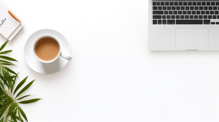 top view of modern workspace with laptop computer office supplies and coffee cup on white desk