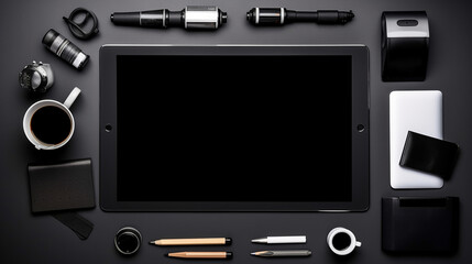 top view of trendy photographer workplace with blank