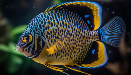 Vibrant striped rabbit fish swims in multi colored coral reef generated by AI