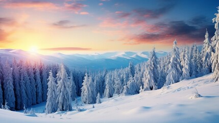 Fabulous winter panorama of mountain forest with snow covered fir trees Colorful outdoor scene, Happy New Year celebration concept Beauty of nature concept background