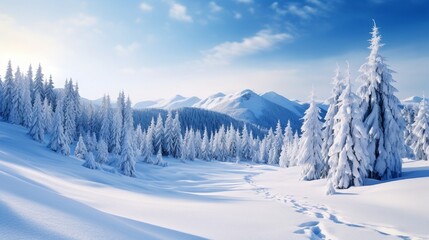 Fabulous winter panorama of mountain forest with snow covered fir trees Colorful outdoor scene, Happy New Year celebration concept Beauty of nature concept background