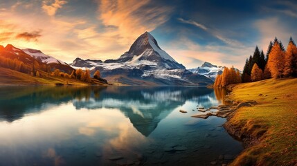 Fototapeta na wymiar sunset over the mountains and lake