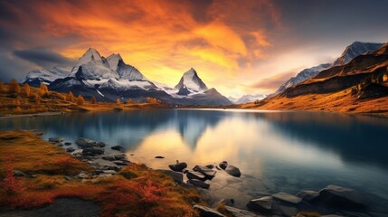Fototapeta na wymiar sunset over the mountains and lake
