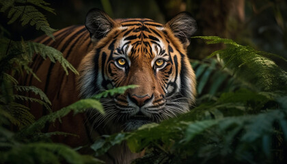 Fototapeta premium Majestic Bengal tiger staring, hiding in dark wilderness area generated by AI