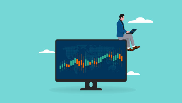 investment illustrator with the concept of investor monitoring growth of dividends, analyzing graphs, investing capital, trader sitting on stack of money, financial growth statistic illustration
