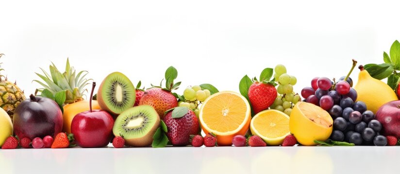On a white background, a vibrant and tropical image of nature emerges, showcasing an array of healthy and organic fruit, rich in color, nutrition, and vitamin content, ready to delight the taste buds