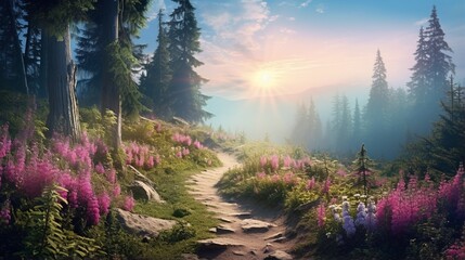 Fantasy fabulous wide panoramic photo background with autumnal pine tree forest, summer rose and bluebell campanula flower bush, flying blue butterfly and mysterious foggy trail road with copy space - obrazy, fototapety, plakaty